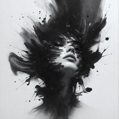 The primary subject of the image is a woman with a black and white face, which appears to be a drawing or a painting. The setting is a white background, and the visual style is a combination of digital art and illustration. The colors and mood of the image are predominantly black and white, giving it a dramatic and artistic appearance.